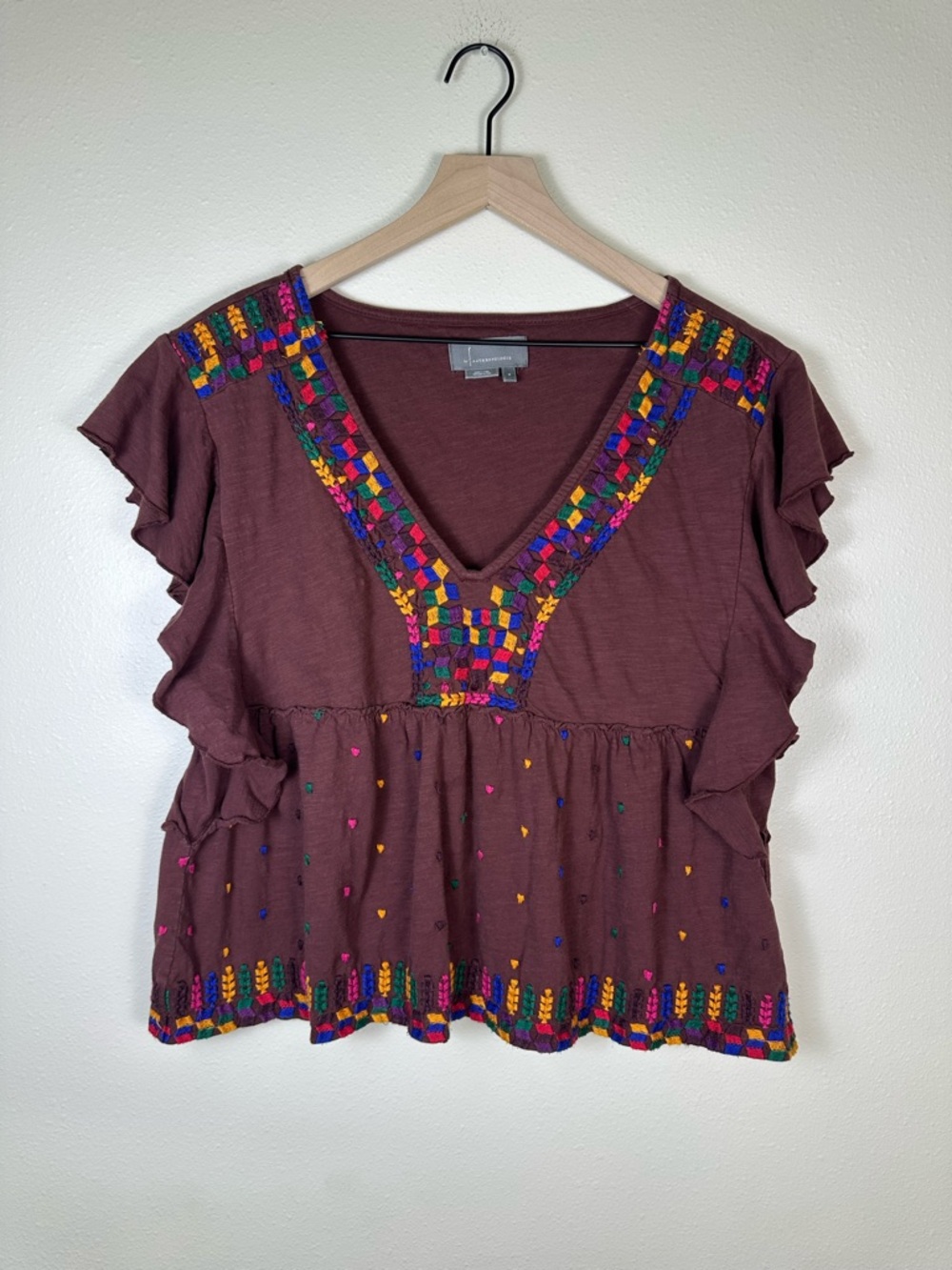 ANTHROPOLOGIE Women M Boho Whimsy Flowy Embroidered Ruffle-Sleeve Peplum Top - Picture 2 of 6